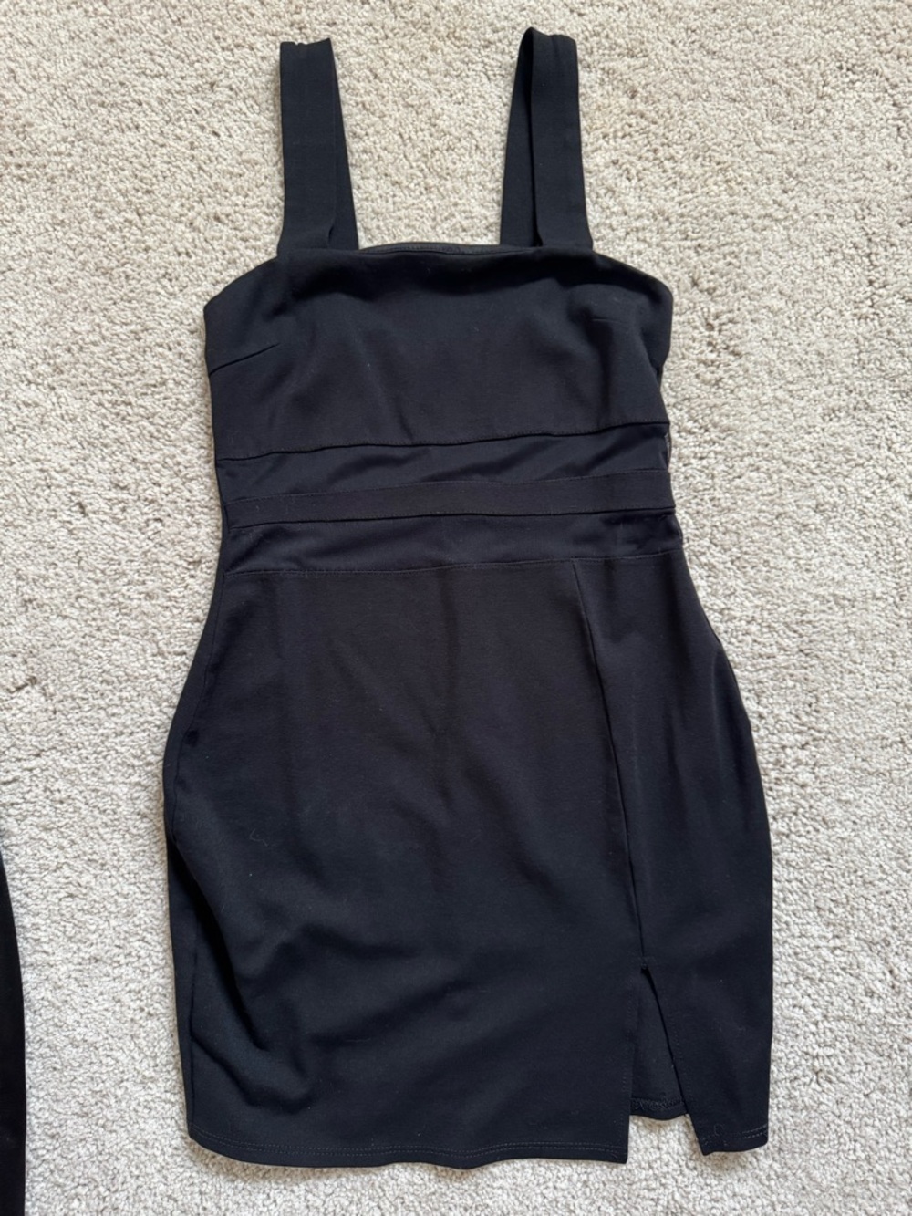 Black Square-Neck Mini Bodycon Dress with Tank Straps and mesh body stripes